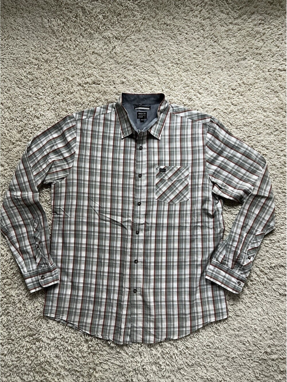 RVCA Men’s Long Sleeve Button Down Shirt Large Plaid 100 Cotton